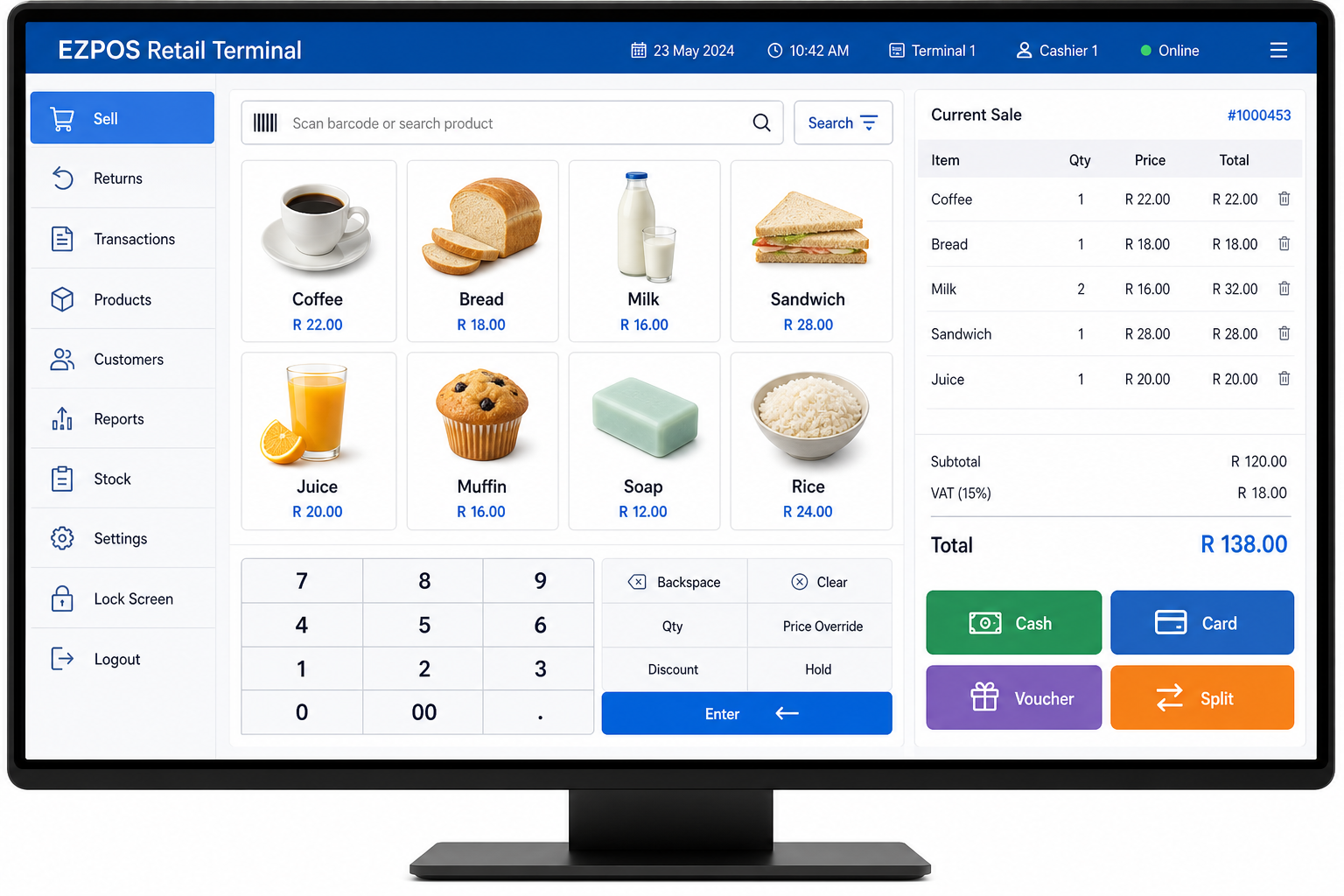 EZPOS retail terminal interface displayed on a monitor